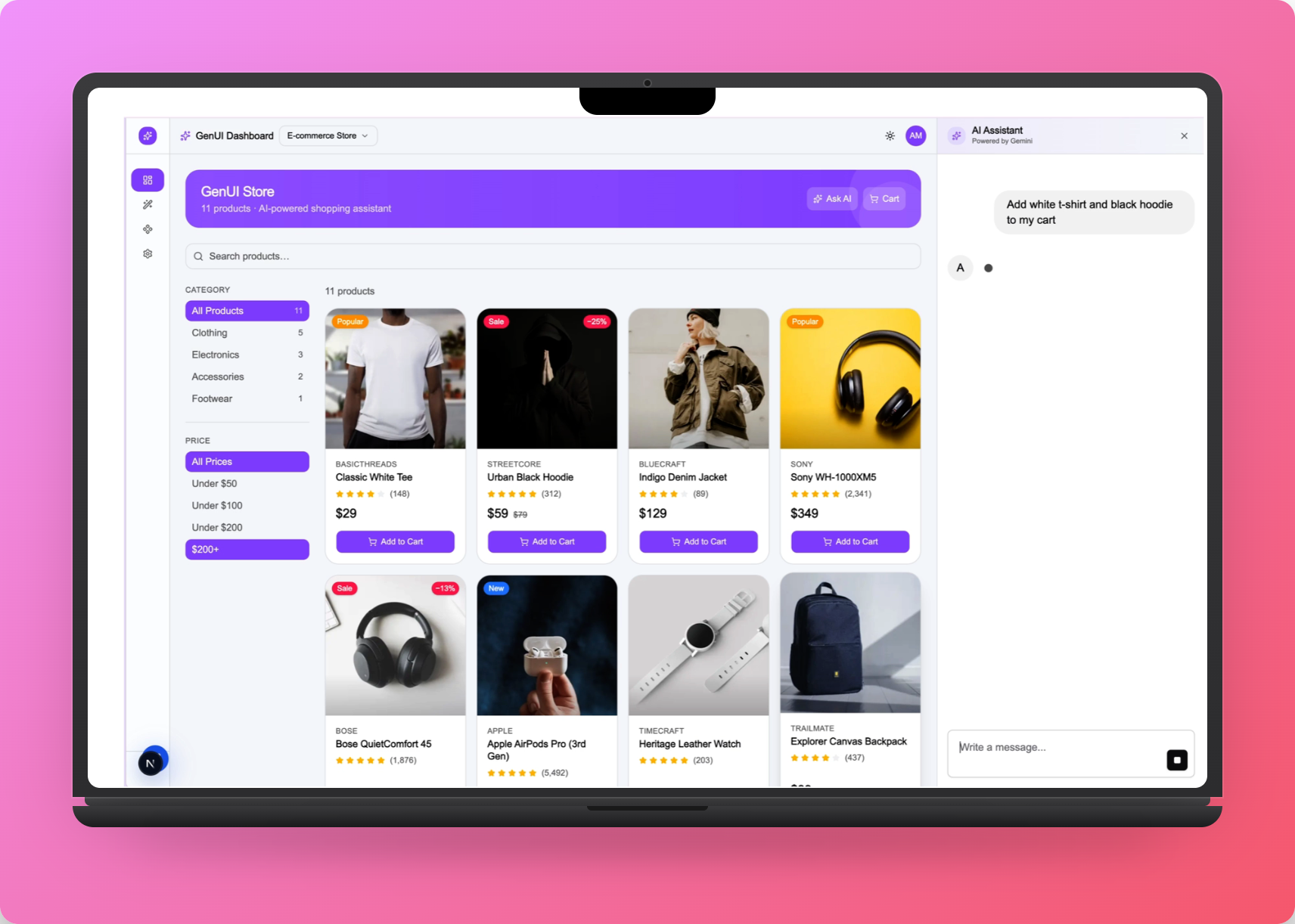 E-commerce store with AI chat showing user request to add a white t-shirt and black hoodie to cart